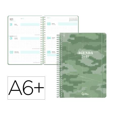 AGENDA ESCOLAR MARCA LIDERPAPEL 26-27 ESPIRAL MILITARY SEMANA VISTA A6+ BILINGUE 80G PAPEL FSC VERDE