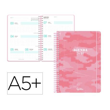 AGENDA ESCOLAR MARCA LIDERPAPEL 26-27 ESPIRAL MILITARY SEMANA VISTA A5+ BILINGUE 80G PAPEL FSC ROSA