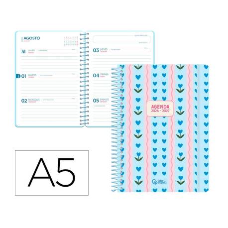AGENDA ESCOLAR MARCA LIDERPAPEL 26-27 ESPIRAL COTTAGE SEMANA VISTA A5 BILINGUE 80G PAPEL FSC AZUL CORAZONES