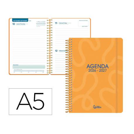 AGENDA ESCOLAR MARCA LIDERPAPEL 26-27 ESPIRAL CLASSIC DIA PAGINA A5 BILINGUE 70G PAPEL FSC NARANJA