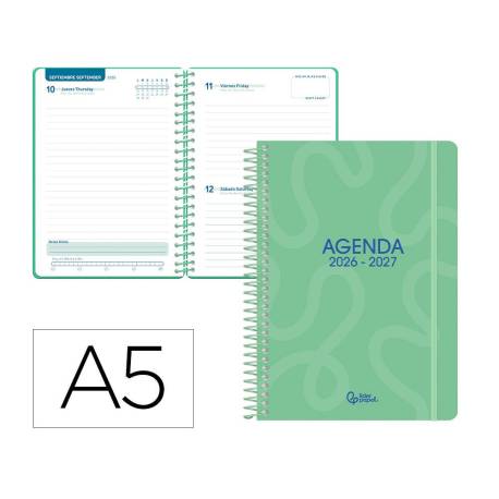 AGENDA ESCOLAR MARCA LIDERPAPEL 26-27 ESPIRAL CLASSIC DIA PAGINA A5 BILINGUE 70G PAPEL FSC VERDE