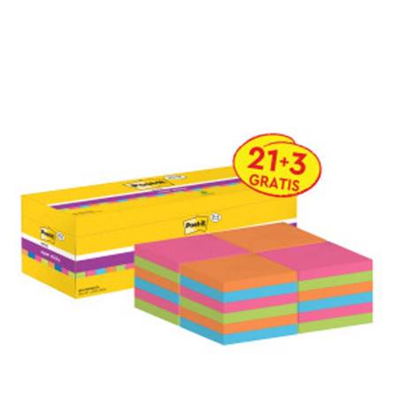 BLOC DE NOTAS ADHESIVA QUITA Y PON POST-IT SUPER STICKY 76X76 MM 90 HOJAS COLORES SURTIDOS PACK DE 21 + 3