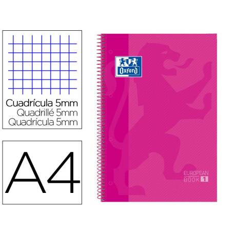 Bloc espiral Oxford DIN A4 cuadricula 5mm tapa extradura 80 hojas microperforado color rosa fucsia