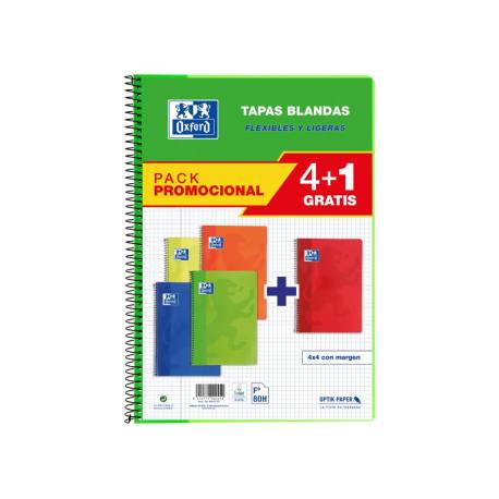 BLOC ESPIRAL MARCA OXFORD TAPA BLANDA FOLIO 80 HOJAS 90GR CUADRO 4 MM COLORES VIVOS PACK DE 4+1