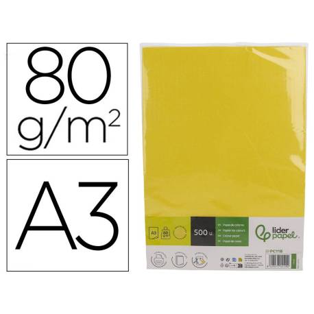 PAPEL COLOR MARCA LIDERPAPEL DIN A3 80 GR AMARILLO INTENSO PAQUETE DE 500 HOJAS