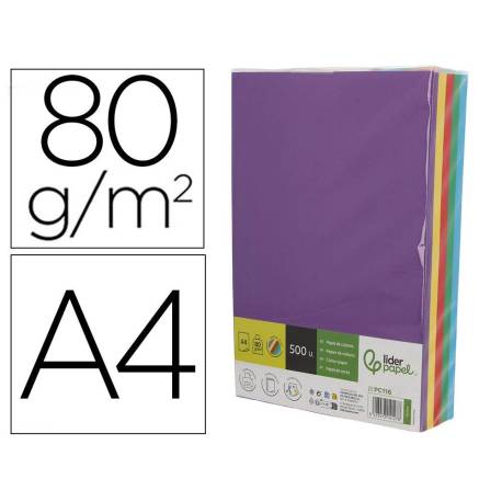 PAPEL COLOR MARCA LIDERPAPEL DIN A4 80 GR 5 COLORES SURTIDOS INTENSOS PAQUETE DE 500 HOJAS