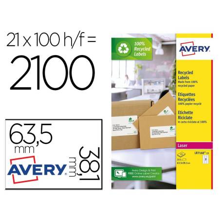 ETIQUETA ADHESIVA MARCA AVERY BLANCA PERMANENTE RECICLADA 100% PARA IMPRESORA LASER 63,5X38,1 MM CAJA DE 315