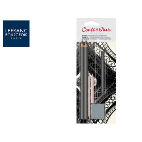 SET DE DIBUJO MARCA CONTE A PARIS BLISTER DE 2 LAPICES 2H/6B + 1 BARRA CARBON COMPRIMIDO + 2 DIFUMINOS + 1 GOMA MIGA PAN