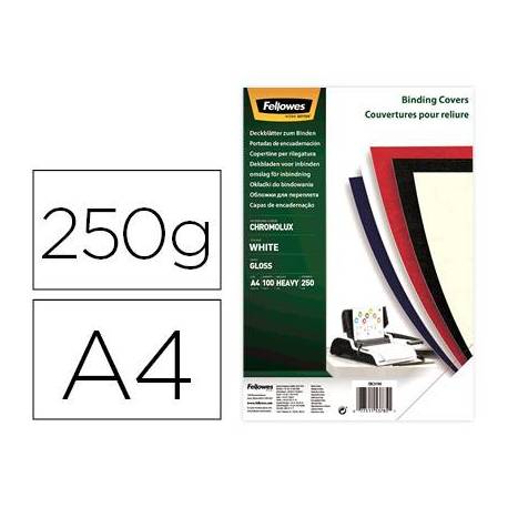 Tapa de Encuadernacion Carton Brillo Fellowes DIN A4 Color Blanco 250 micras pack 100 uds