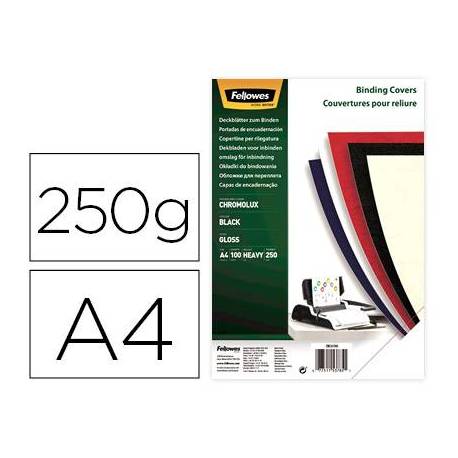 Tapa de Encuadernacion Carton Brillo Fellowes DIN A4 Color Negro 250 micras pack 100 uds