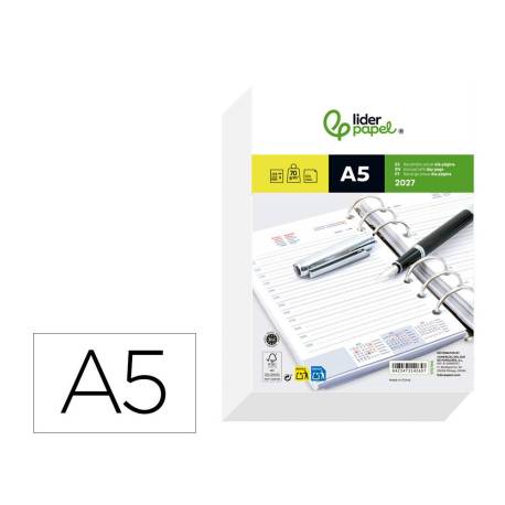 RECAMBIO AGENDA ANILLAS MARCA LIDERPAPEL 2027 DIN A5 148X205 MM DIA PAGINA BILINGUE 70 G PAPEL FSC