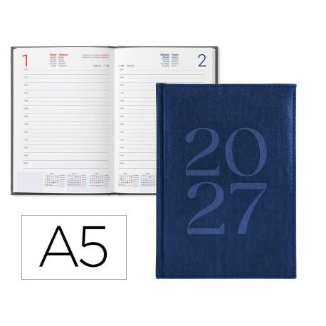 AGENDA OFICINA MARCA LIDERPAPEL 2027 ENCUADERNADA CRETA DIA PAGINA A5 BILINGUE 70G PAPEL FSC BLUE