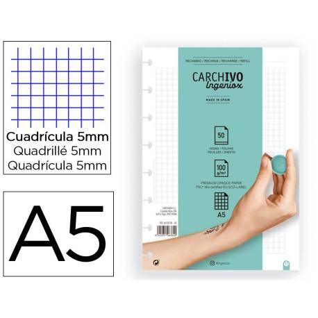 RECAMBIO MARCA CARCHIVO PARA CUADERNO INGENIOX DIN A5 50 HOJAS CUADRICULA