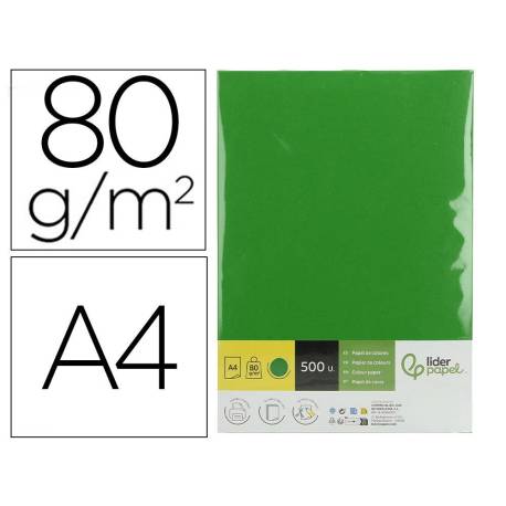 PAPEL COLOR MARCA LIDERPAPEL DIN A4 80 GR VERDE INTENSO PAQUETE DE 500 HOJAS