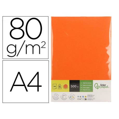 PAPEL COLOR MARCA LIDERPAPEL DIN A4 80 GR NARANJA INTENSO PAQUETE DE 500 HOJAS