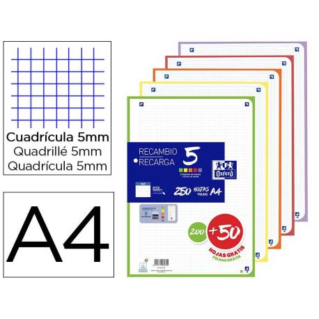 RECAMBIO MARCA OXFORD DIN A4 200+50 HOJAS GRATIS CUADRO 5 MM 4 TALADROS CON BANDA 5 COLORES VIVOS