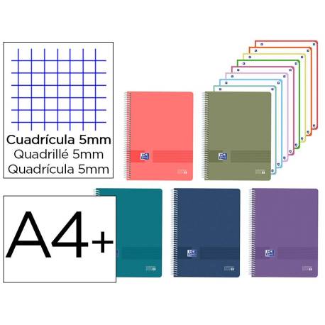 CUADERNO MARCA ESPIRAL OXFORD EUROPEANBOOK 8 LIVE&GO TAPA PLASTICO DIN A4+ 160 HOJAS CUADRO 5 MM COLORES SURTIDOS