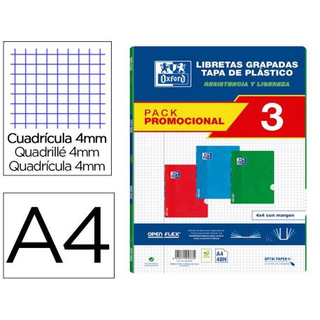LIBRETA ESCOLAR MARCA OXFORD OPENFLEX DIN A4 48 HOJAS CUADRO 4 MM PACK DE 3 UNIDADES COLORES SURTIDOS