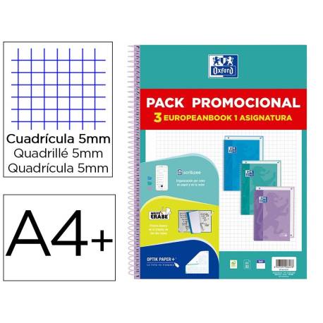 CUADERNO MARCA ESPIRAL OXFORD EBOOK 1 TOUCH TAPA EXTRADURA DIN A4+ 80H CUADRO 5 MM PACK DE 3 UNIDADES COLORES PASTEL
