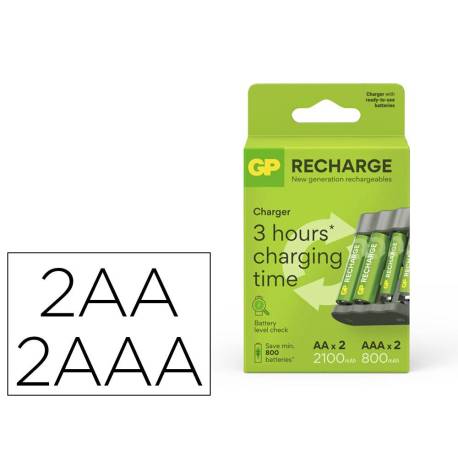 CARGADOR DE PILAS RECARGABLES MARCA GP USB AA /AAA + 2X AA 2100 MAH + 2X AAA 800 MAH