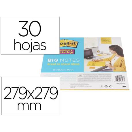 BLOC DE NOTAS ADHESIVAS QUITA Y PON POST-IT SUPER STICKY AMARILLO 30 HOJAS 279X279 MM