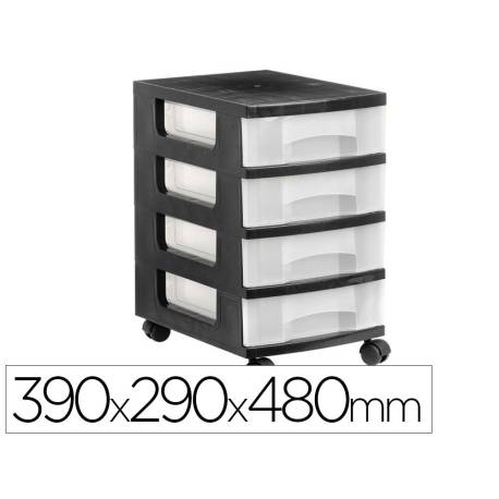 CAJONERA ARCHIVO 2000 4 CAJONES TRANSPARENTE CARCASA COLOR NEGRA 6 LITROS CON RUEDAS 390X290X480 MM