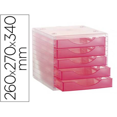 FICHERO CAJONES DE SOBREMESA MARCA ARCHIVO 2000 APILABLE 5 CAJONES FUCSIA TRANSLUCIDO 260X270X340 MM