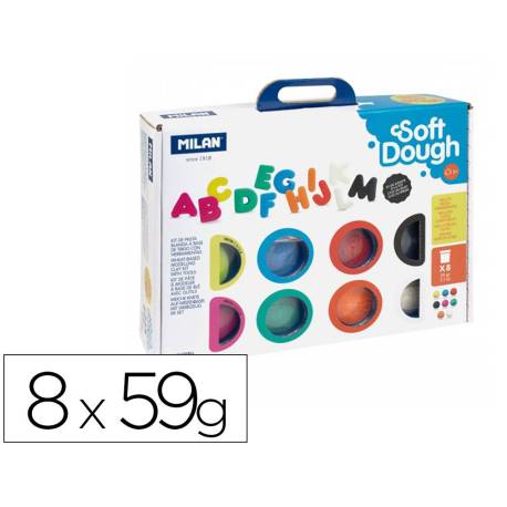 PASTA MARCA MILAN PARA MODELAR SOFT DOUGH MUCHAS LETRAS CON HERRAMIENTAS MALETIN CON 8 BOTES COLORES SURTIDOS 59 G