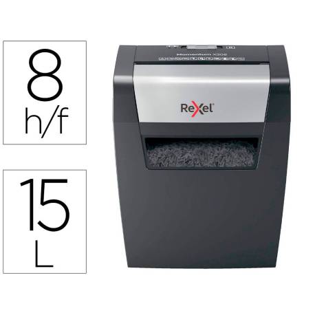 DESTRUCTORA DE DOCUMENTOS MARCA REXEL MOMENTUM X308 CAPACIDAD DE CORTE 8 HOJAS DESTRUYE GRAPAS Y CLIPS 15 LITROS