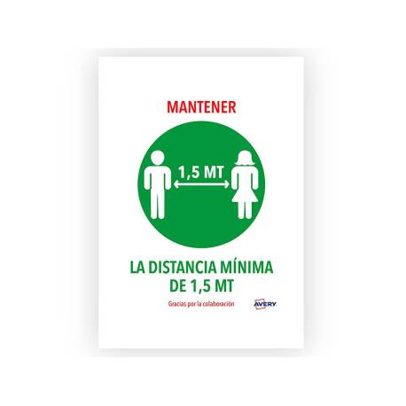 SEÑAL ADHESIVA AVERY MANTENER DISTANCIA MININA DE 1,5 MT DIN A4 RESISTENTE A LOS RAYOS UV PACK DE 2 UDS
