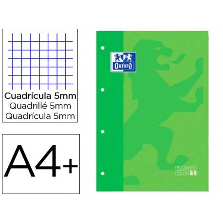 Recambio color 1 oxford din a4+ 80 hojas 90 gr cuadro 5 mm 4 taladros color verde manzana.