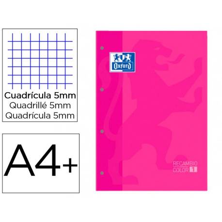 Recambio color 1 oxford din a4+ 80 hojas 90 gr cuadro 5 mm 4 taladros color fucsia.