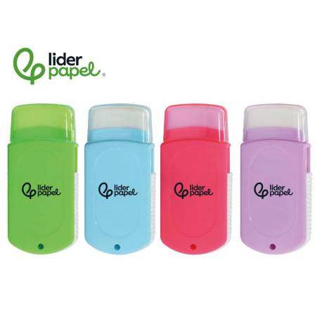 GOMA LIDERPAPEL RECTANGULAR CON PROTECTOR DE PLASTICO SACAPUNTAS 2 USOS Y CEPILLO COLORES SURTIDOS