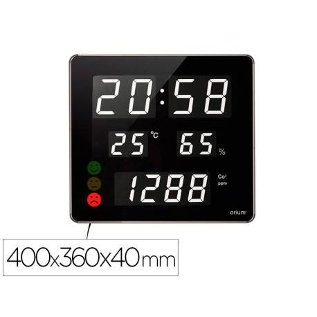 RELOJ ORIUM MARCA CEP CON MEDIDOR DE CO2 PANTALLA LED ALARMA PERSONALIZABLE Y SENSOR DE INFRARROJOS 400X360X40 MM
