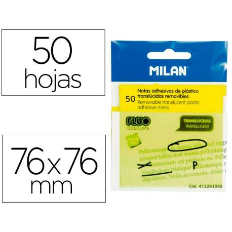 BLOC DE NOTAS ADHESIVAS QUITA Y PON MILAN 76X76 MM REMOVIBLE PLASTICO TRANSLUCIDO COLOR AMARILLO FLUOR 50