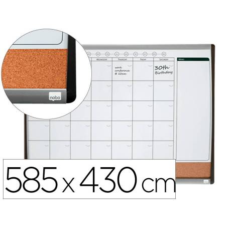 PLANIFICADOR MENSUAL MARCA NOBO MAGNETICO + TABLERO CORCHO HORIZONTAL CON MARCO ARQUEADO PLATA Y NEGRO 585X430 MM