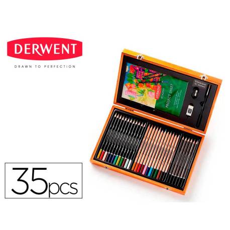 ESTUCHE DE PINTURA DERWENT ACADEMY MADERA LAPICES DE COLORES 35 PIEZAS SURTIDAS