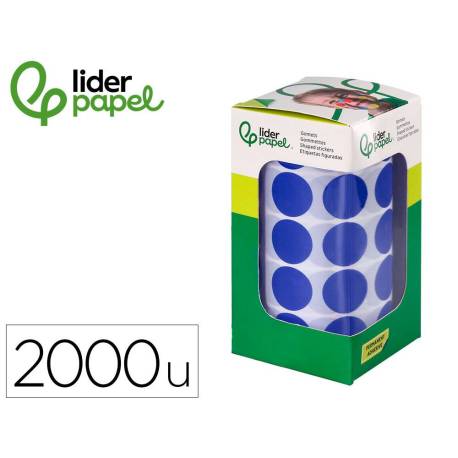 GOMETS MARCA LIDERPAPEL AUTOADHESIVO S CIRCULOS 20 MM AZUL ROLLO DE 2000 UNIDADES EN CAJA DE CARTON